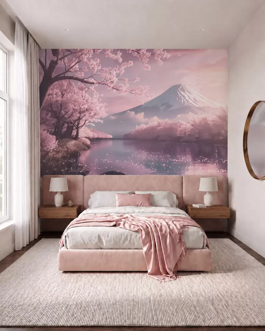 murais de parede Paisagem japonesa serena com flores de cerejeira e um lago de montanha ao nascer do sol w09864