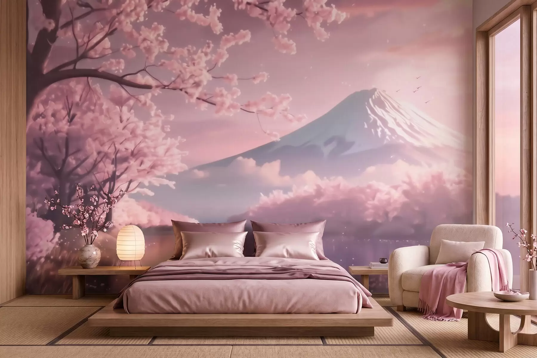 murais de parede Paisagem japonesa serena com flores de cerejeira e um lago de montanha ao nascer do sol w09864
