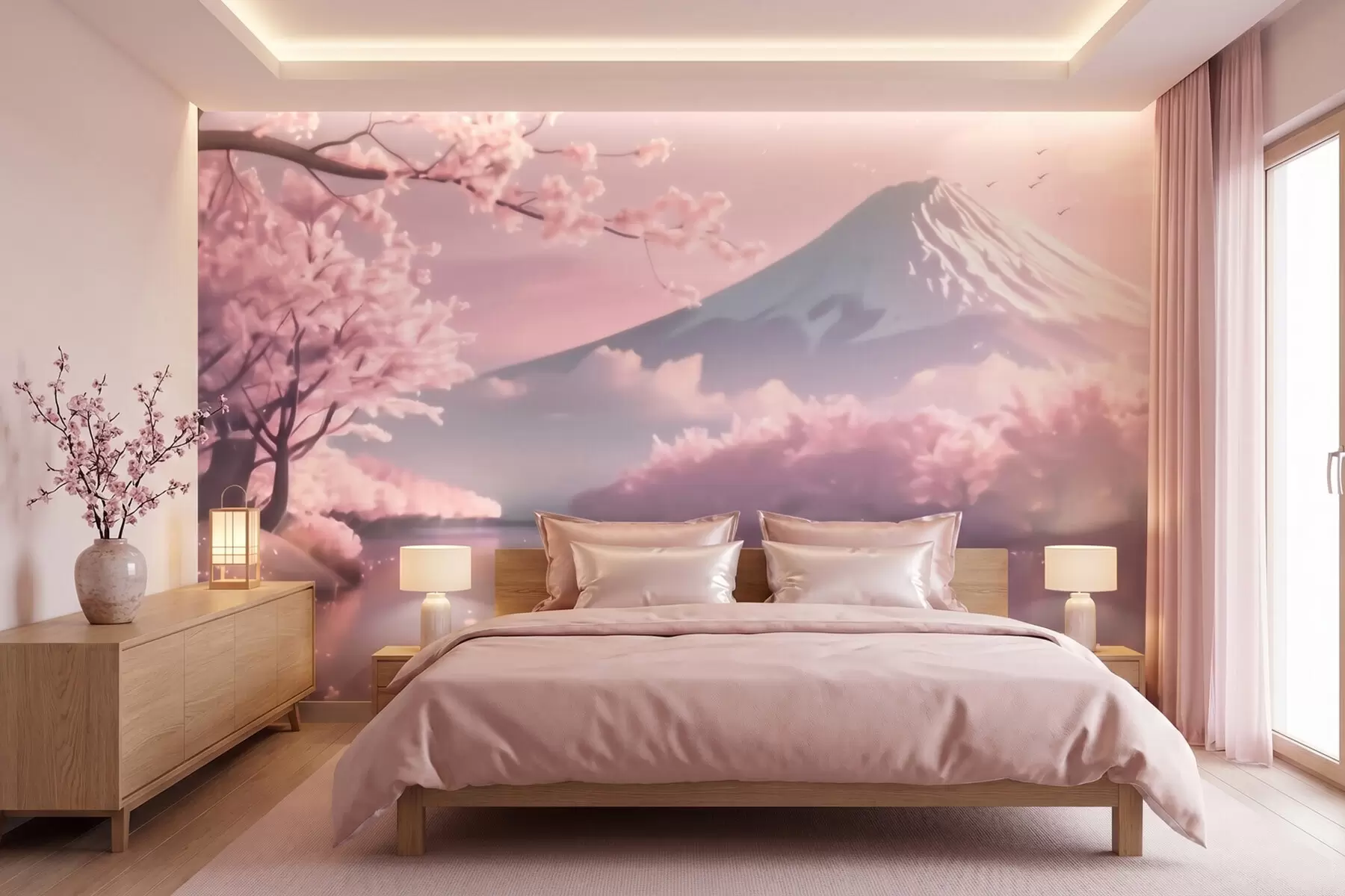 murais de parede Paisagem japonesa serena com flores de cerejeira e um lago de montanha ao nascer do sol w09864