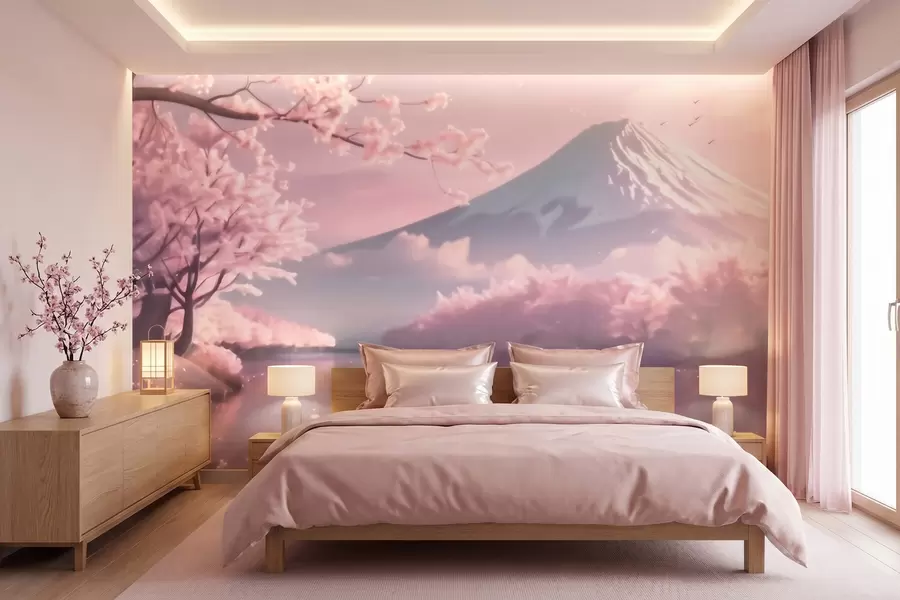murais de parede Paisagem japonesa serena com flores de cerejeira e um lago de montanha ao nascer do sol w09864