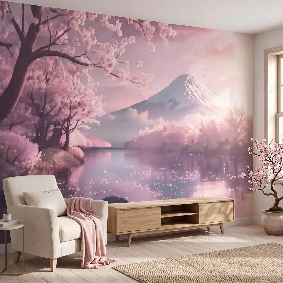 murais de parede Paisagem japonesa serena com flores de cerejeira e um lago de montanha ao nascer do sol w09864