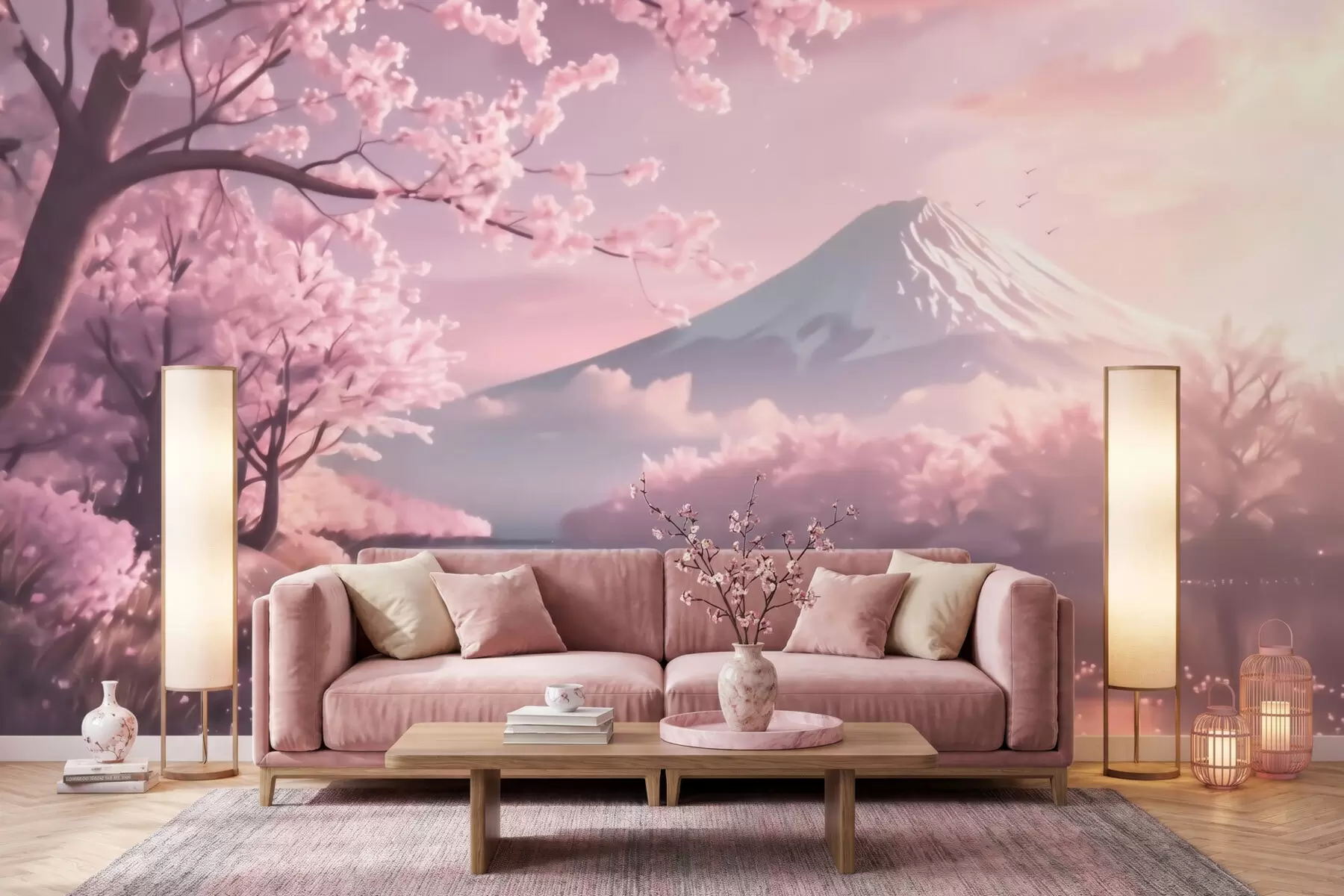 murais de parede Paisagem japonesa serena com flores de cerejeira e um lago de montanha ao nascer do sol w09864