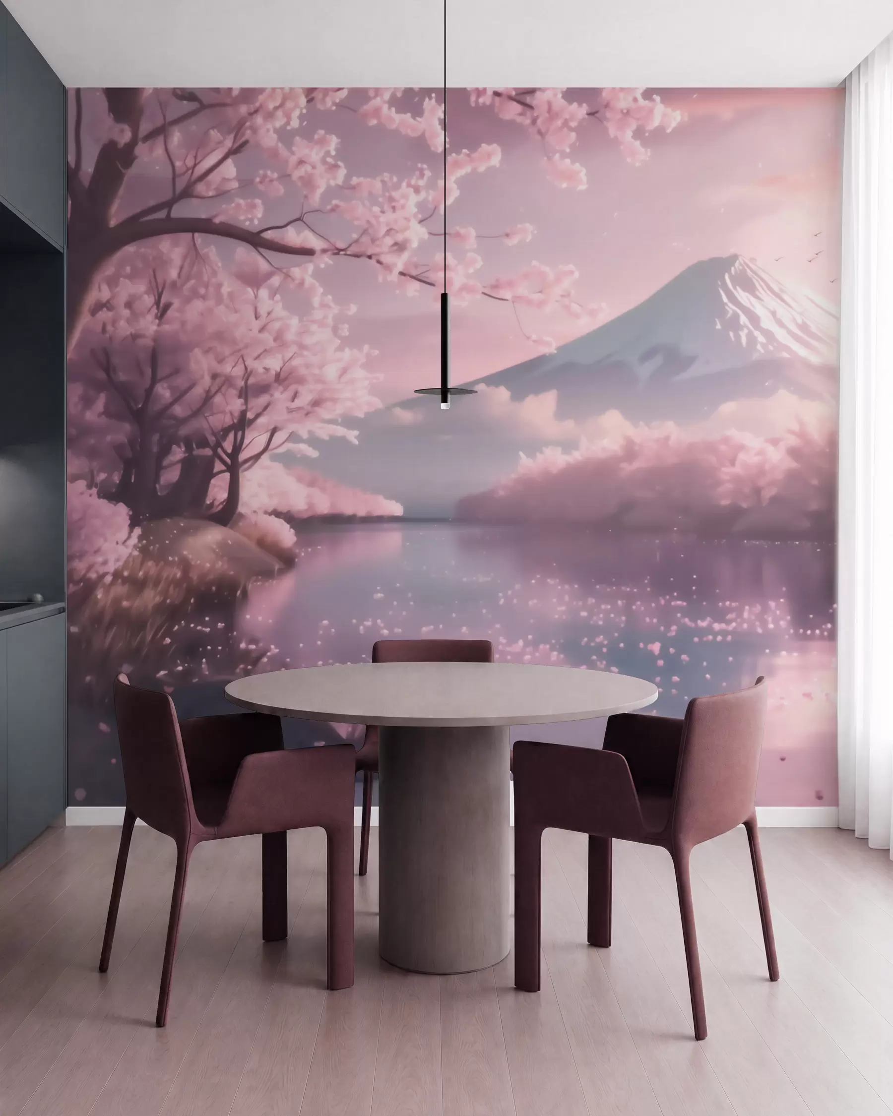 murais de parede Paisagem japonesa serena com flores de cerejeira e um lago de montanha ao nascer do sol w09864
