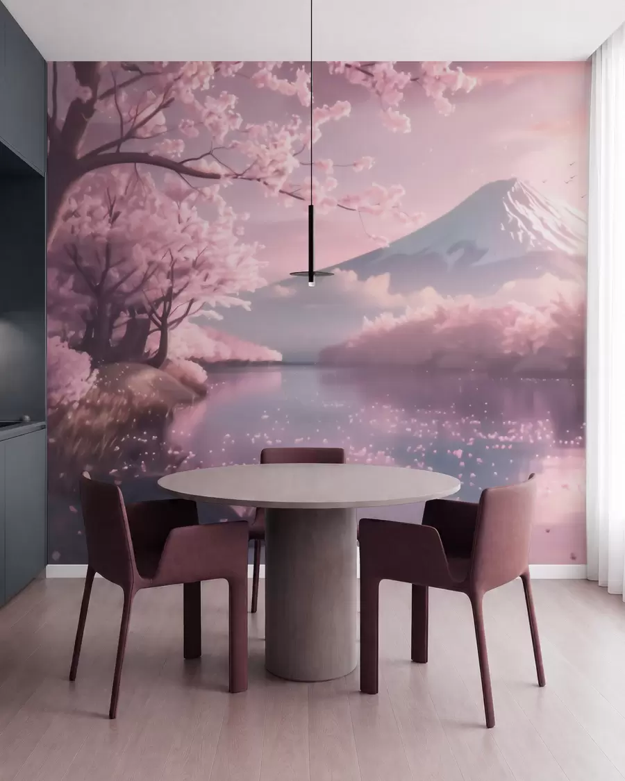 murais de parede Paisagem japonesa serena com flores de cerejeira e um lago de montanha ao nascer do sol w09864