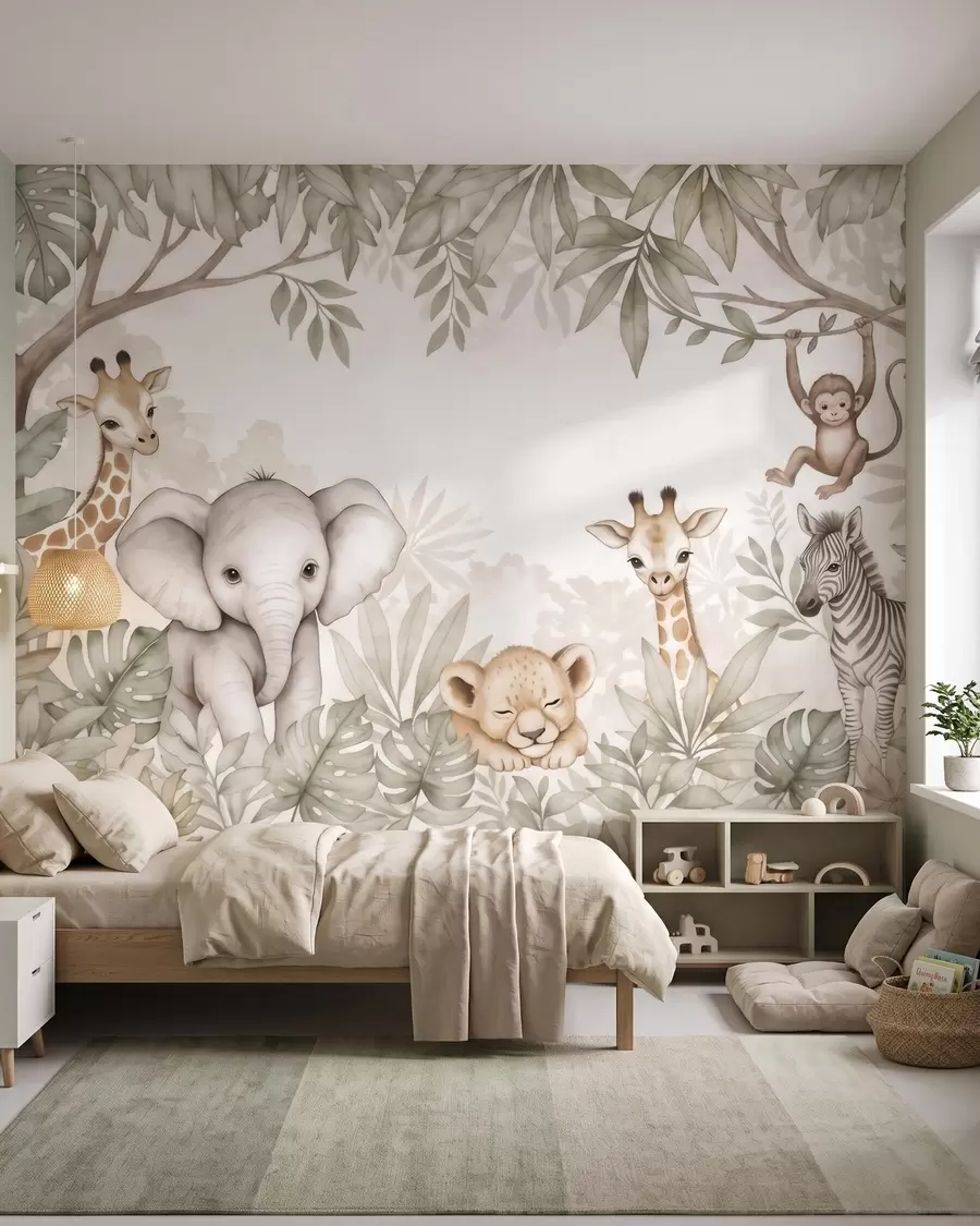 murais de parede Animais adoráveis da savana entre a vegetação tropical, num estilo de aguarela w09885