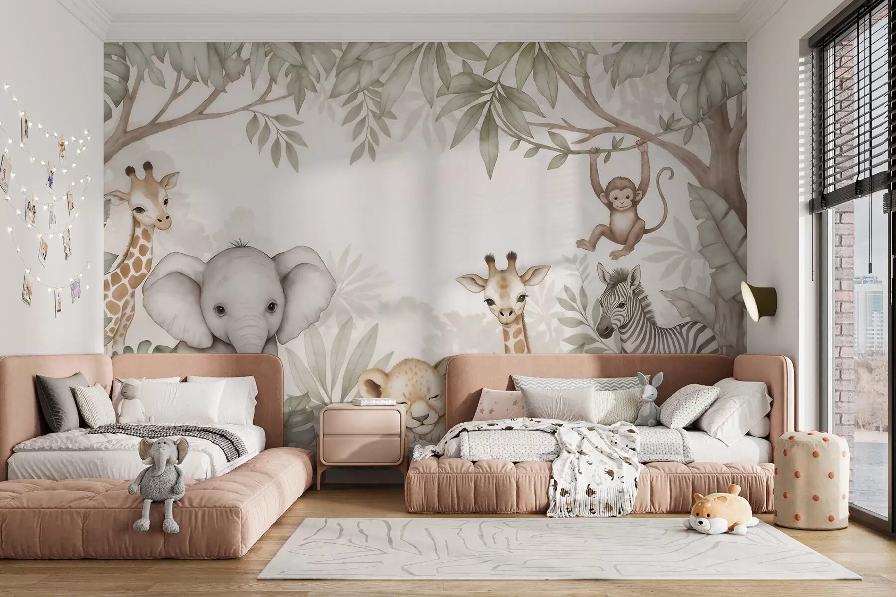 murais de parede Animais adoráveis da savana entre a vegetação tropical, num estilo de aguarela w09885