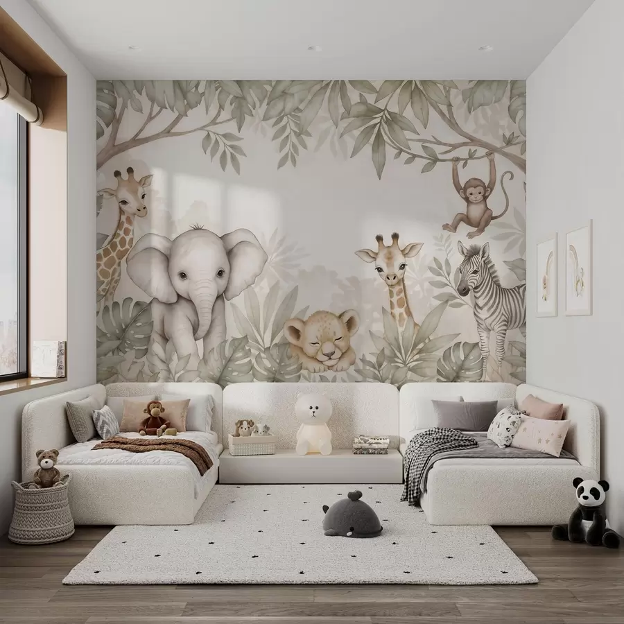 murais de parede Animais adoráveis da savana entre a vegetação tropical, num estilo de aguarela w09885