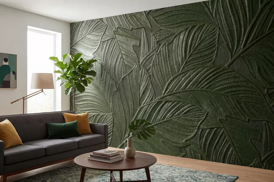 murais de parede Folhas tropicais gravadas com um relevo delicado em tons de verde exuberantes w09886v1