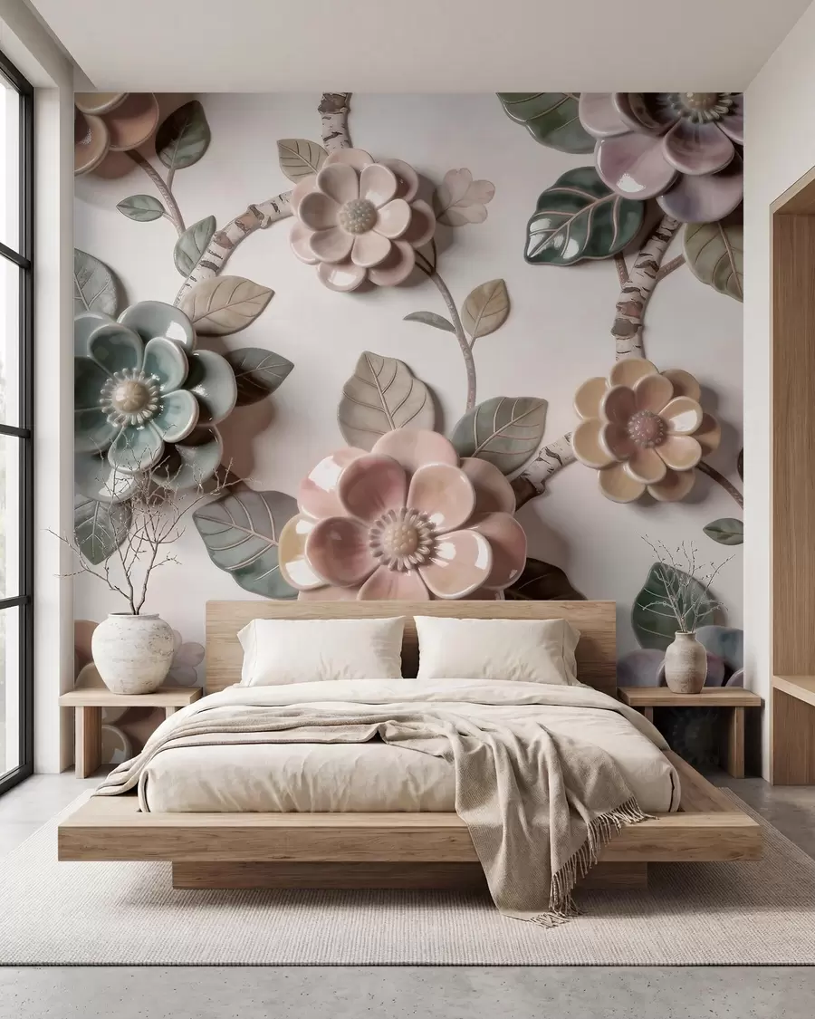 murais de parede Flores de cerâmica tridimensionais numa paleta de tons pastel suaves w09887