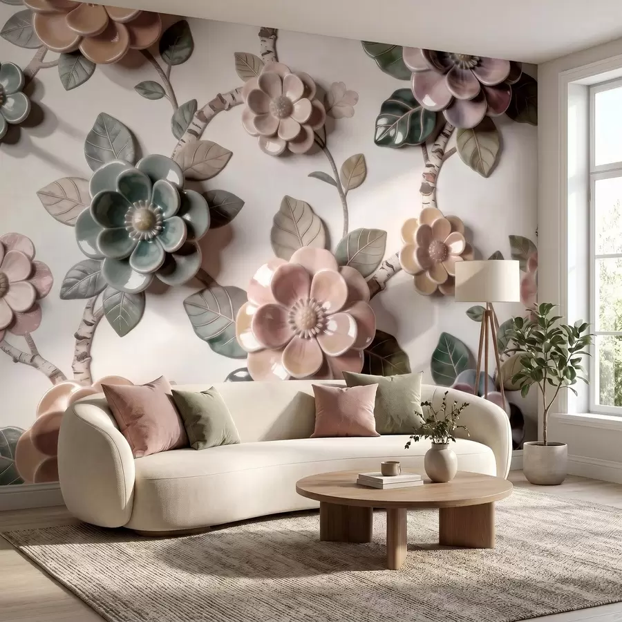 murais de parede Flores de cerâmica tridimensionais numa paleta de tons pastel suaves w09887