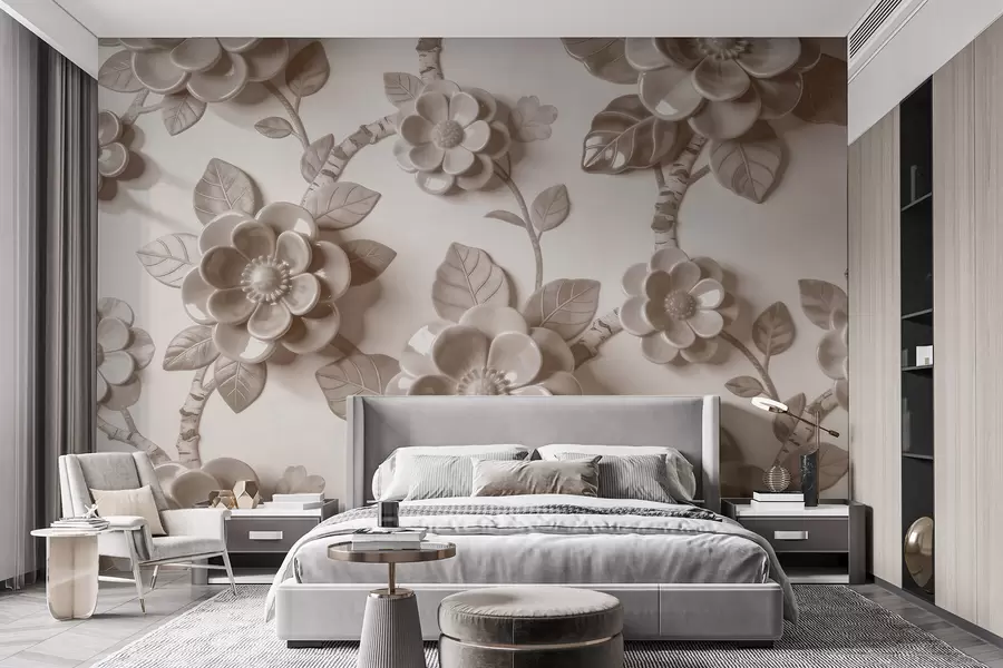 murais de parede Arranjo elegante em tons de bege, composto por flores tridimensionais esculpidas w09887v1