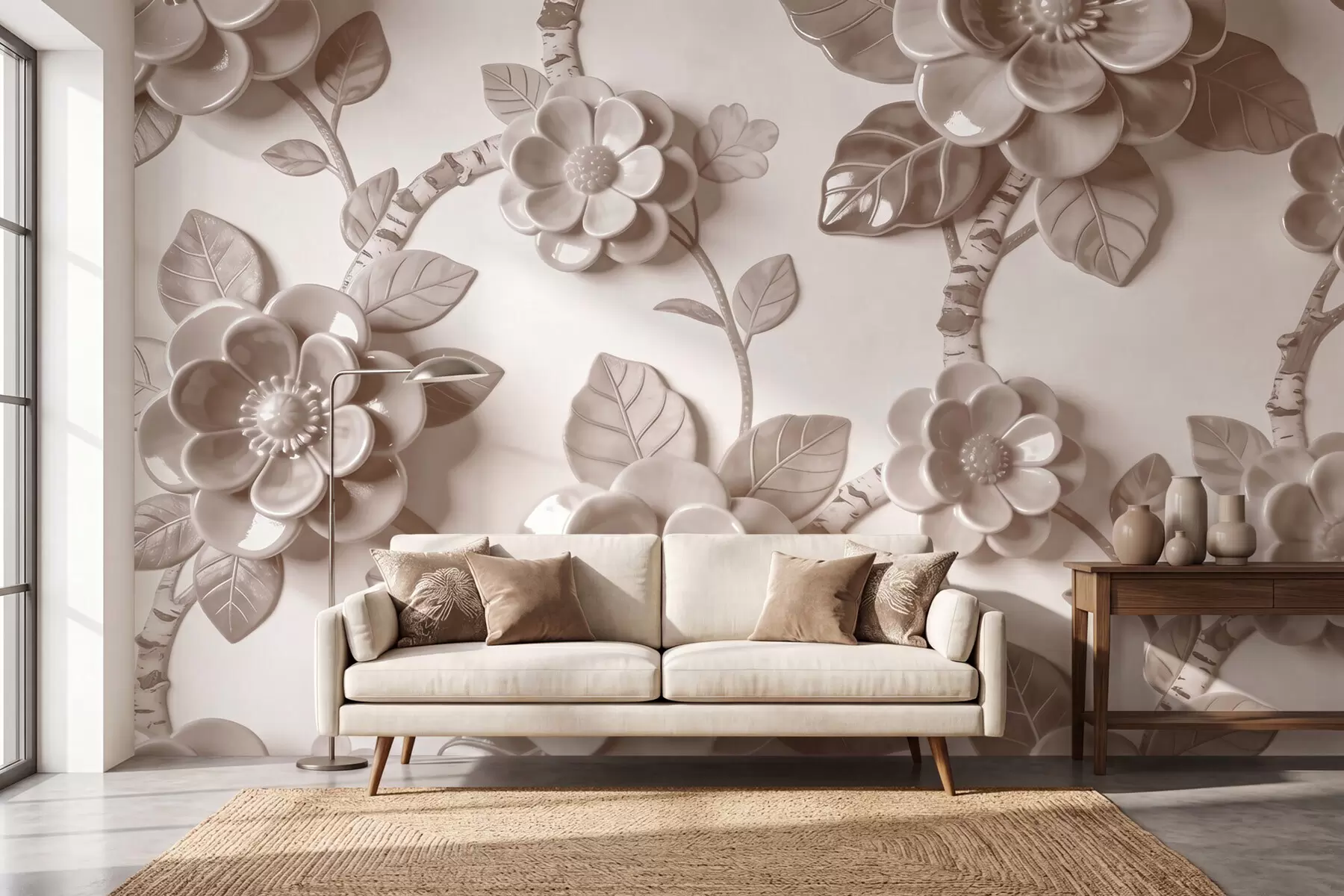 murais de parede Arranjo elegante em tons de bege, composto por flores tridimensionais esculpidas w09887v1
