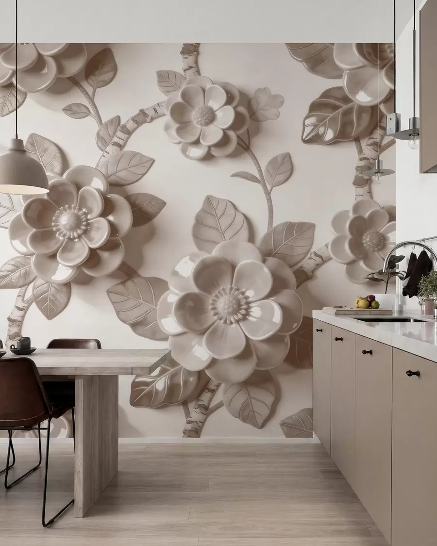 murais de parede Arranjo elegante em tons de bege, composto por flores tridimensionais esculpidas w09887v1