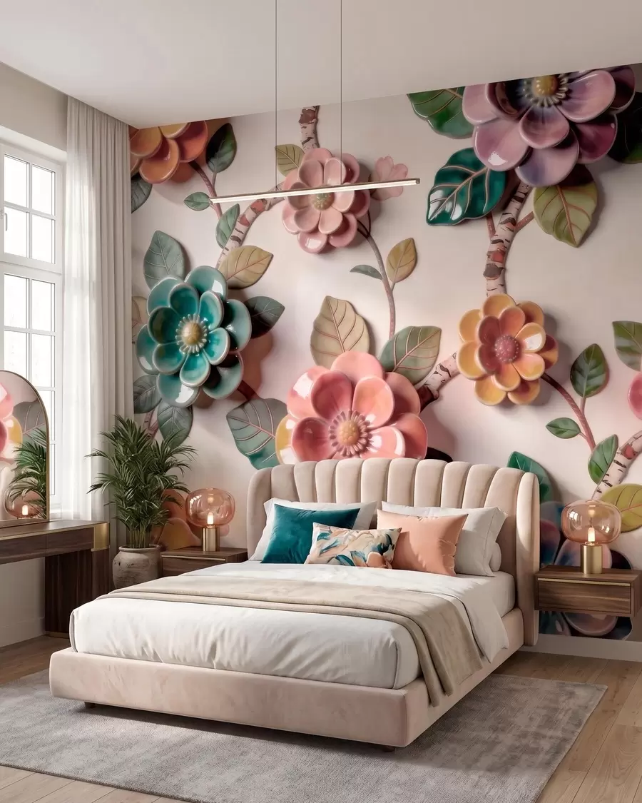 murais de parede Flores e folhas de cerâmica tridimensionais numa paleta de cores vibrantes w09887v2