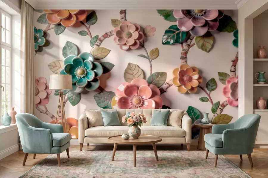 murais de parede Flores e folhas de cerâmica tridimensionais numa paleta de cores vibrantes w09887v2