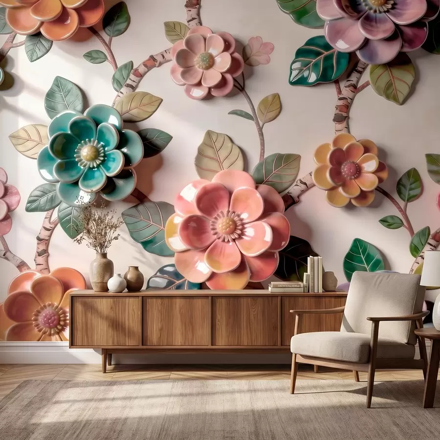 murais de parede Flores e folhas de cerâmica tridimensionais numa paleta de cores vibrantes w09887v2