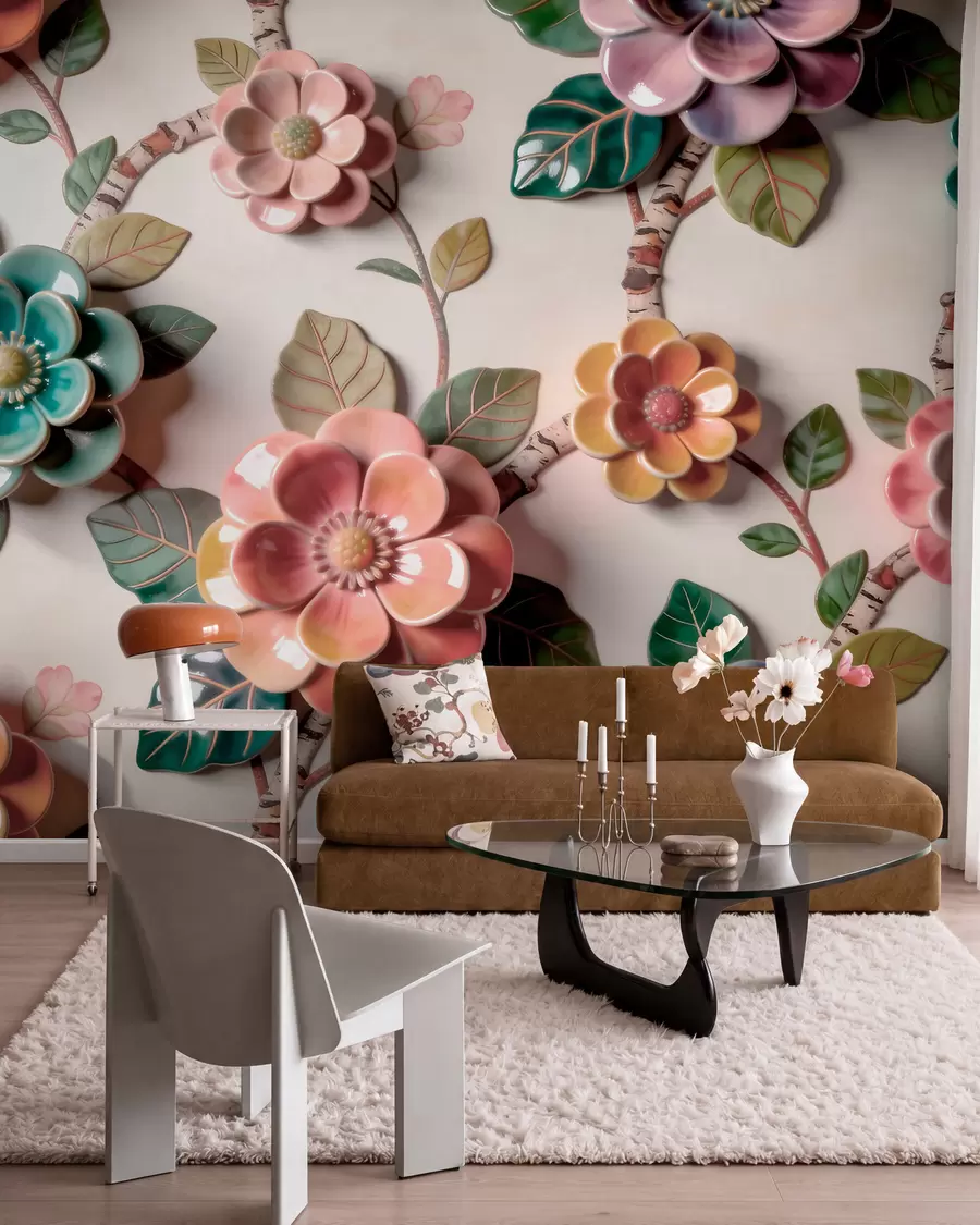murais de parede Flores e folhas de cerâmica tridimensionais numa paleta de cores vibrantes w09887v2