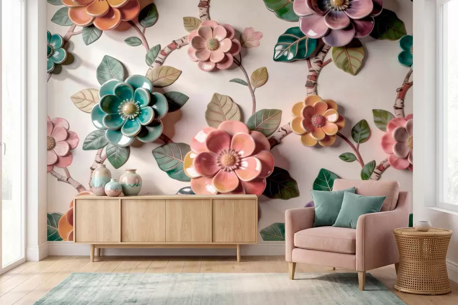 murais de parede Flores e folhas de cerâmica tridimensionais numa paleta de cores vibrantes w09887v2