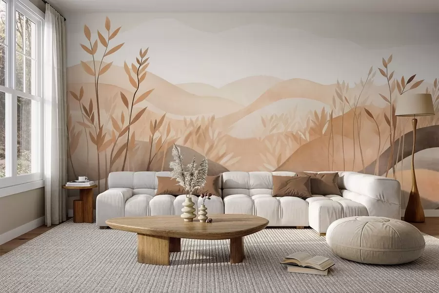 murais de parede Paisagem abstrata com colinas ondulantes em tons de castanho e bege, obra de arte com textura w09617