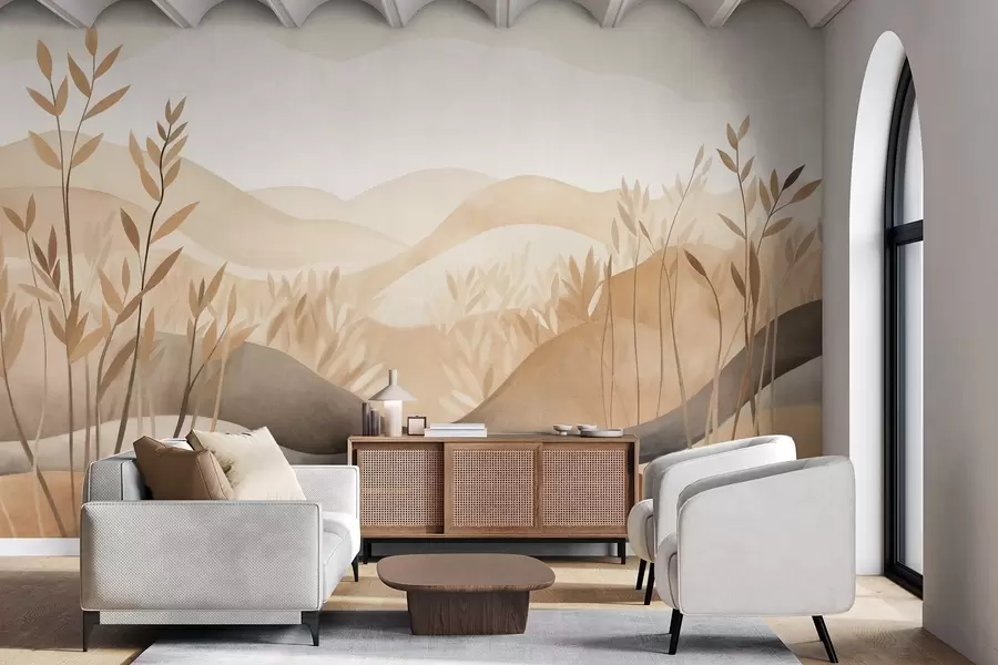murais de parede Paisagem abstrata com colinas ondulantes em tons de castanho e bege, obra de arte com textura w09617