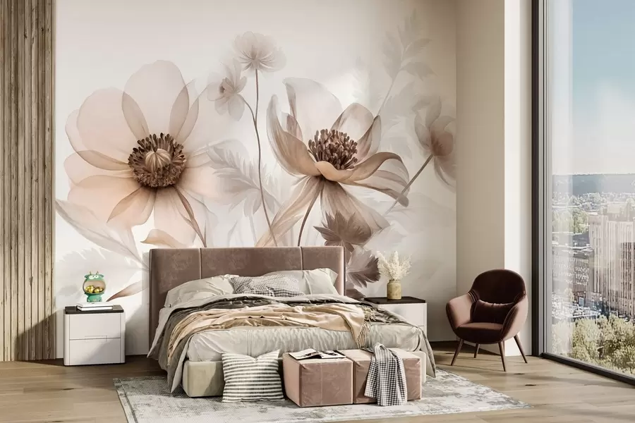murais de parede Flores grandes, translúcidas e em tons de sépia, com pétalas delicadas, folhas plumosas e flores mais pequenas w09900