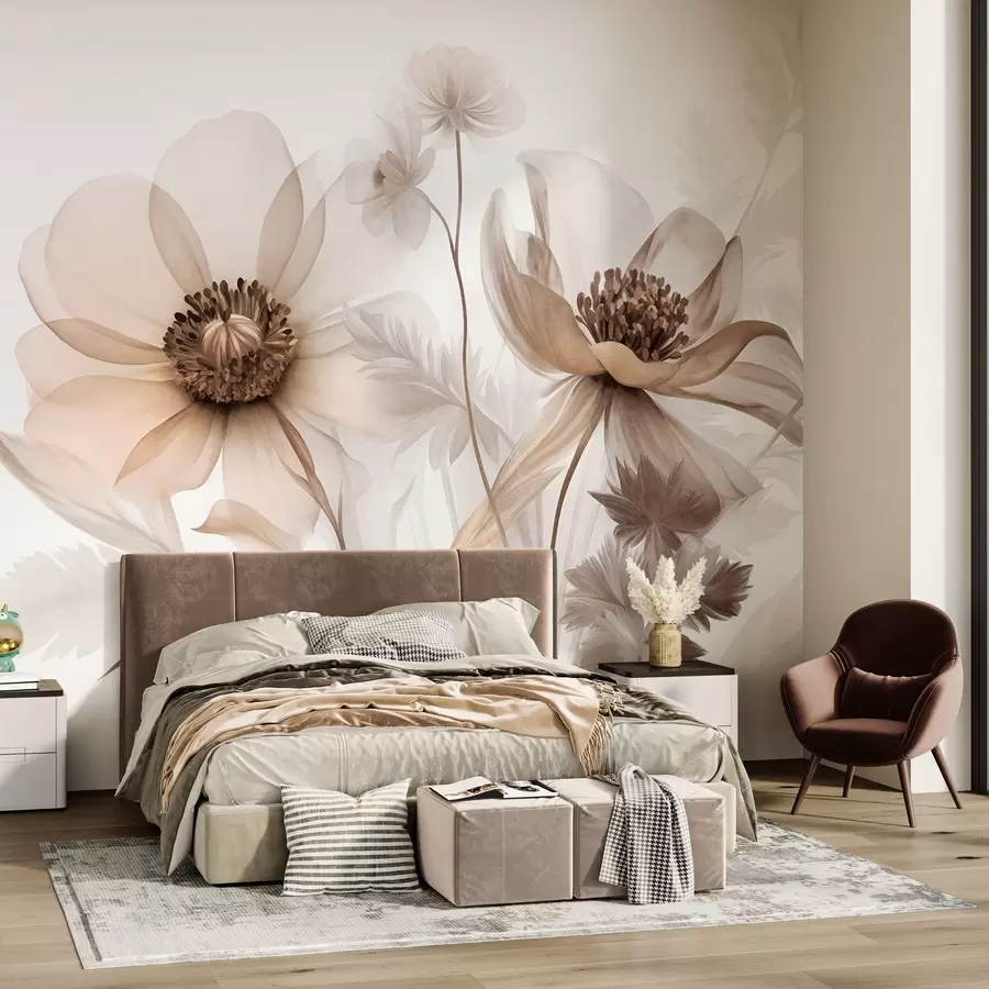 murais de parede Flores grandes, translúcidas e em tons de sépia, com pétalas delicadas, folhas plumosas e flores mais pequenas w09900