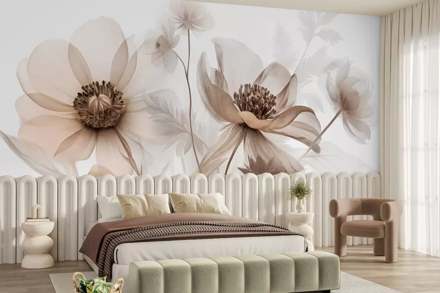 murais de parede Flores grandes, translúcidas e em tons de sépia, com pétalas delicadas, folhas plumosas e flores mais pequenas w09900