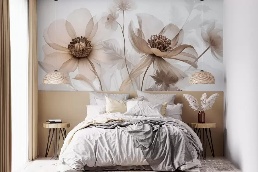 murais de parede Flores grandes, translúcidas e em tons de sépia, com pétalas delicadas, folhas plumosas e flores mais pequenas w09900