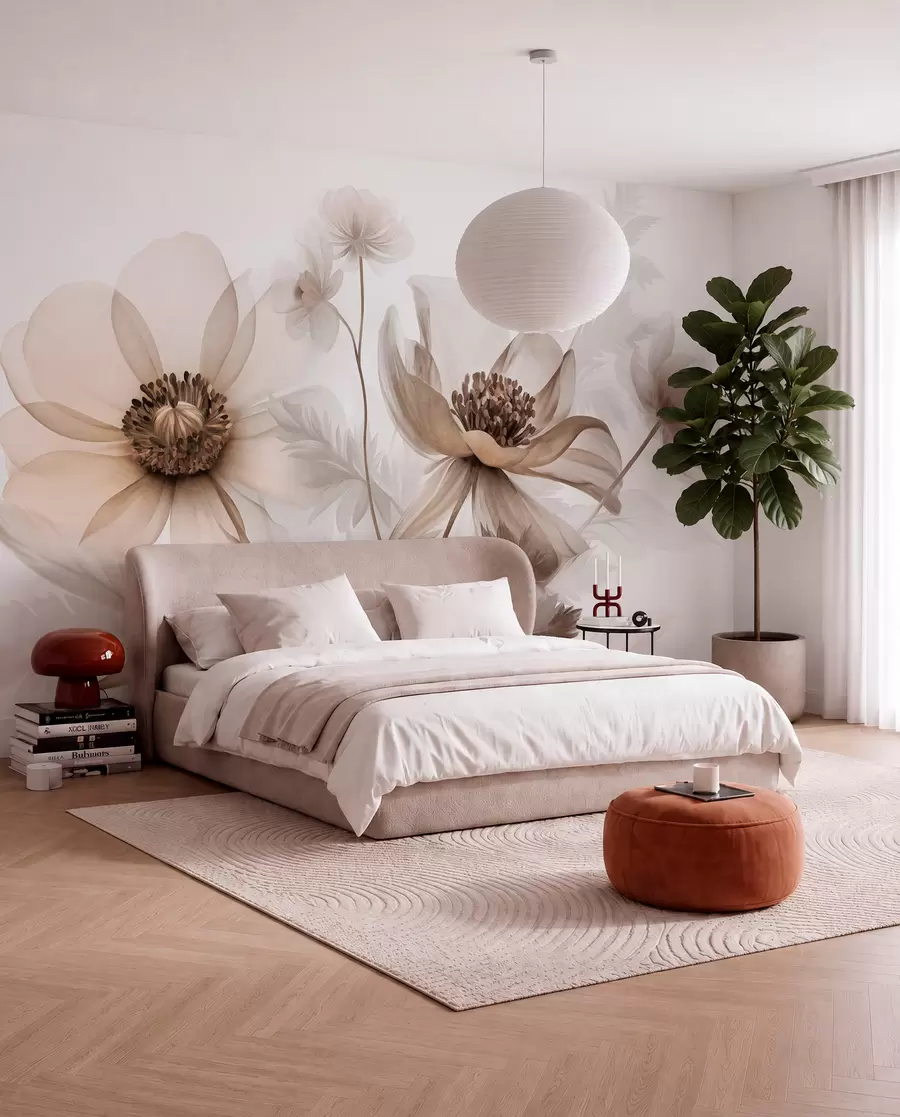 murais de parede Flores grandes, translúcidas e em tons de sépia, com pétalas delicadas, folhas plumosas e flores mais pequenas w09900