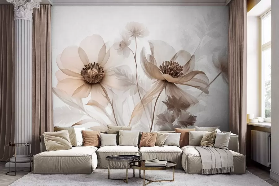 murais de parede Flores grandes, translúcidas e em tons de sépia, com pétalas delicadas, folhas plumosas e flores mais pequenas w09900