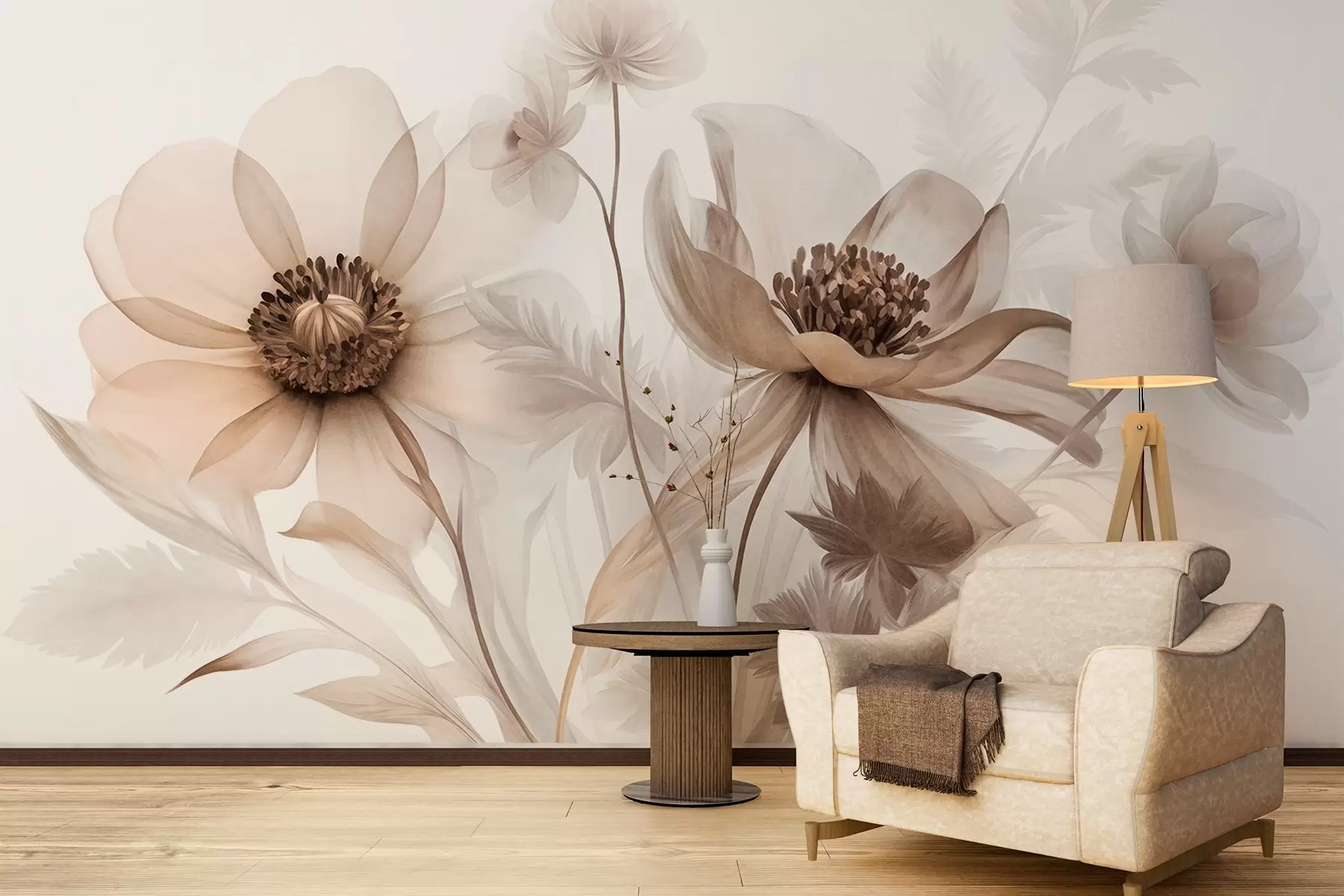 murais de parede Flores grandes, translúcidas e em tons de sépia, com pétalas delicadas, folhas plumosas e flores mais pequenas w09900