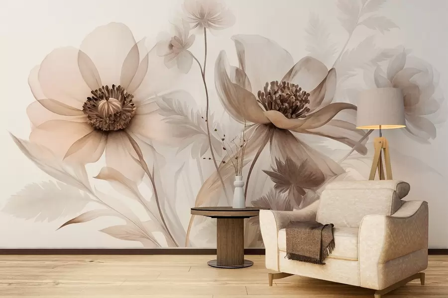 murais de parede Flores grandes, translúcidas e em tons de sépia, com pétalas delicadas, folhas plumosas e flores mais pequenas w09900