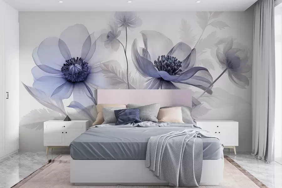 murais de parede Flores grandes, translúcidas e com tons de azul, pétalas delicadas, folhas plumosas e flores mais pequenas w09900v1