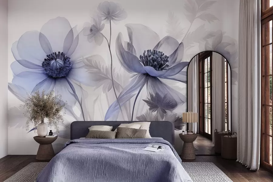 murais de parede Flores grandes, translúcidas e com tons de azul, pétalas delicadas, folhas plumosas e flores mais pequenas w09900v1