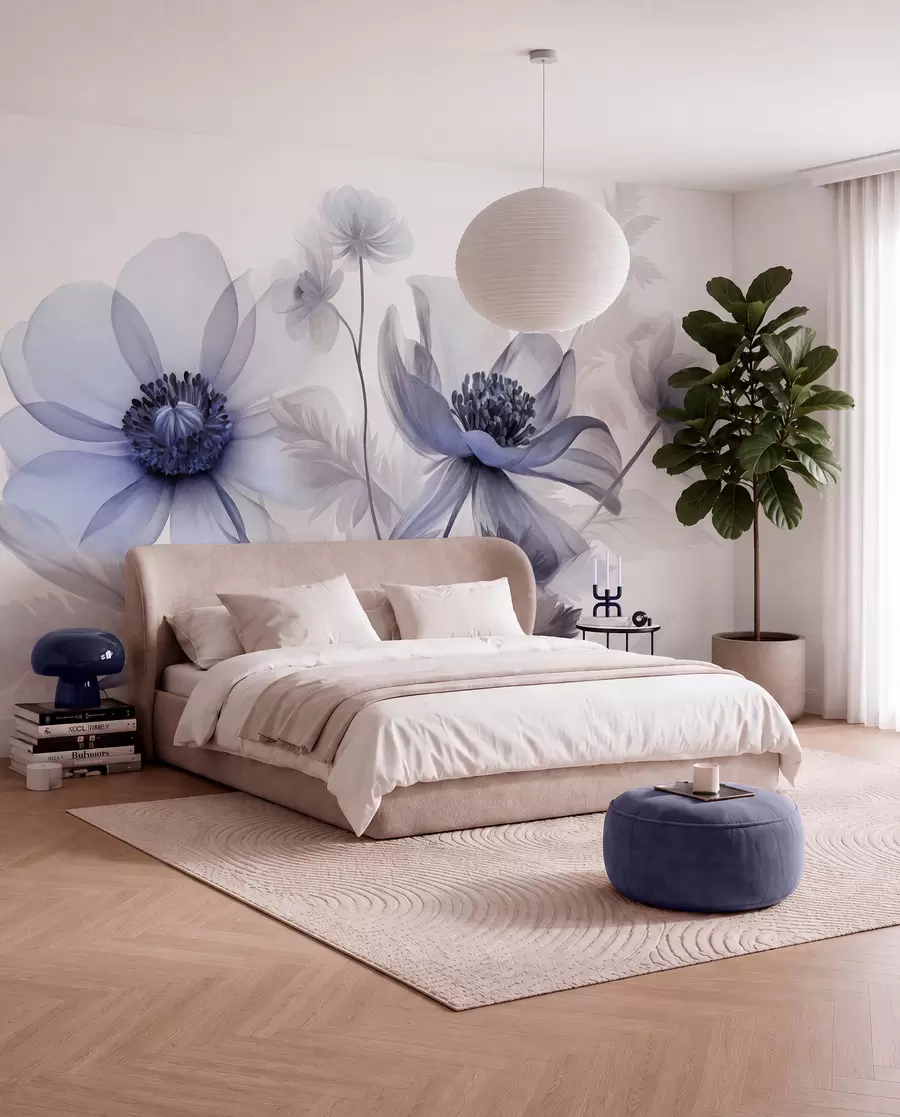 murais de parede Flores grandes, translúcidas e com tons de azul, pétalas delicadas, folhas plumosas e flores mais pequenas w09900v1