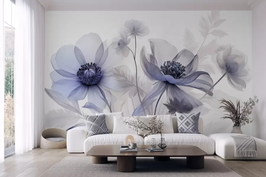 murais de parede Flores grandes, translúcidas e com tons de azul, pétalas delicadas, folhas plumosas e flores mais pequenas w09900v1
