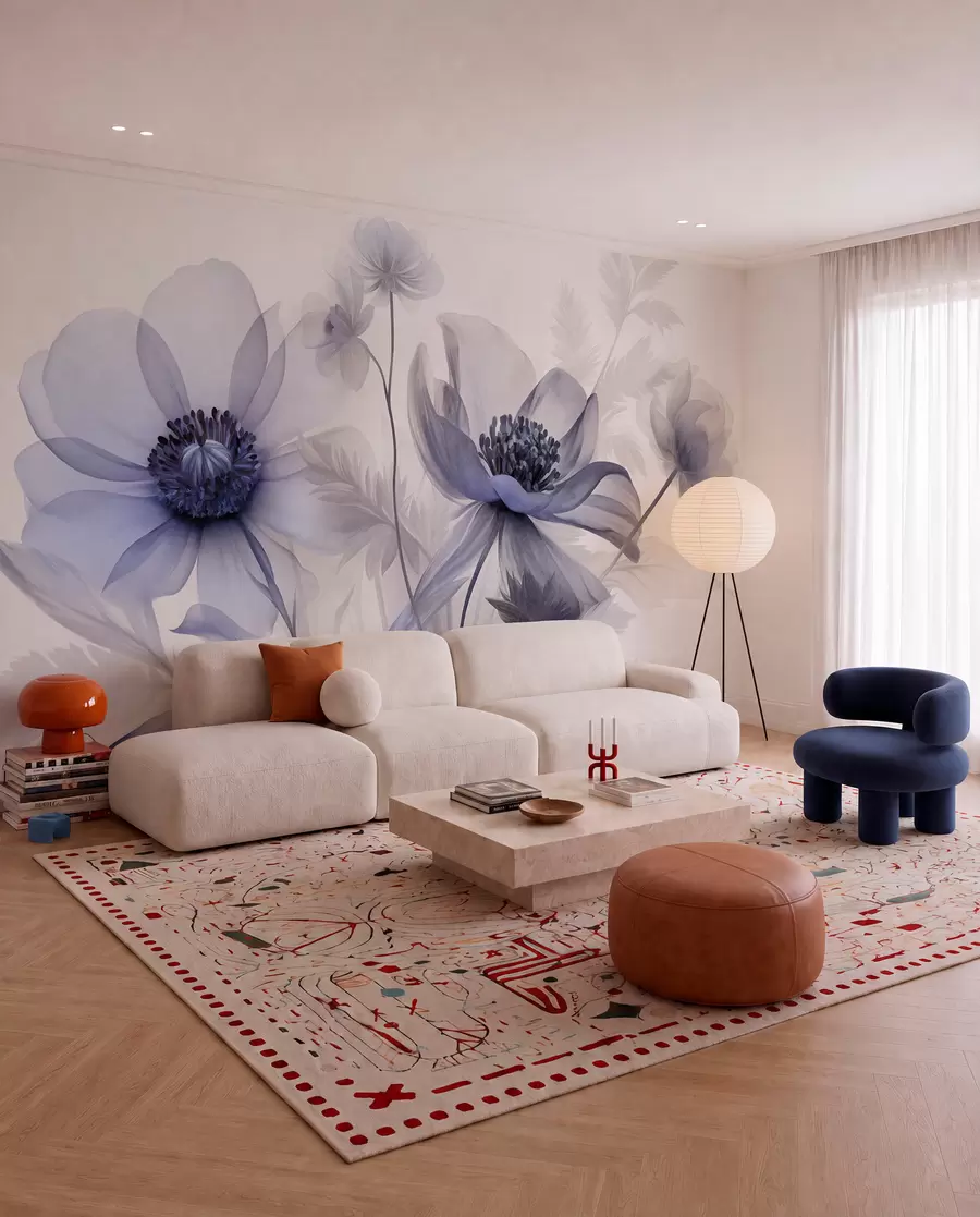 murais de parede Flores grandes, translúcidas e com tons de azul, pétalas delicadas, folhas plumosas e flores mais pequenas w09900v1