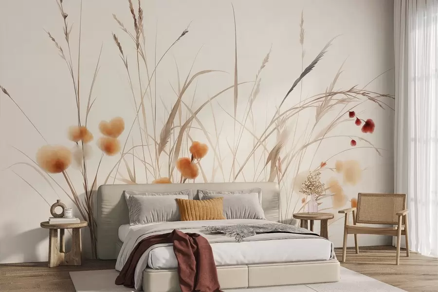 murais de parede Ervas altas e pequenas flores silvestres alaranjadas contra um fundo claro, num estilo boho com textura w09902