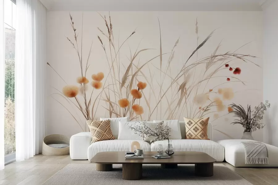 murais de parede Ervas altas e pequenas flores silvestres alaranjadas contra um fundo claro, num estilo boho com textura w09902