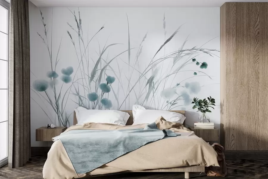 murais de parede Ervas altas e pequenas flores silvestres azuis num fundo claro, com textura ao estilo boho w09902v1