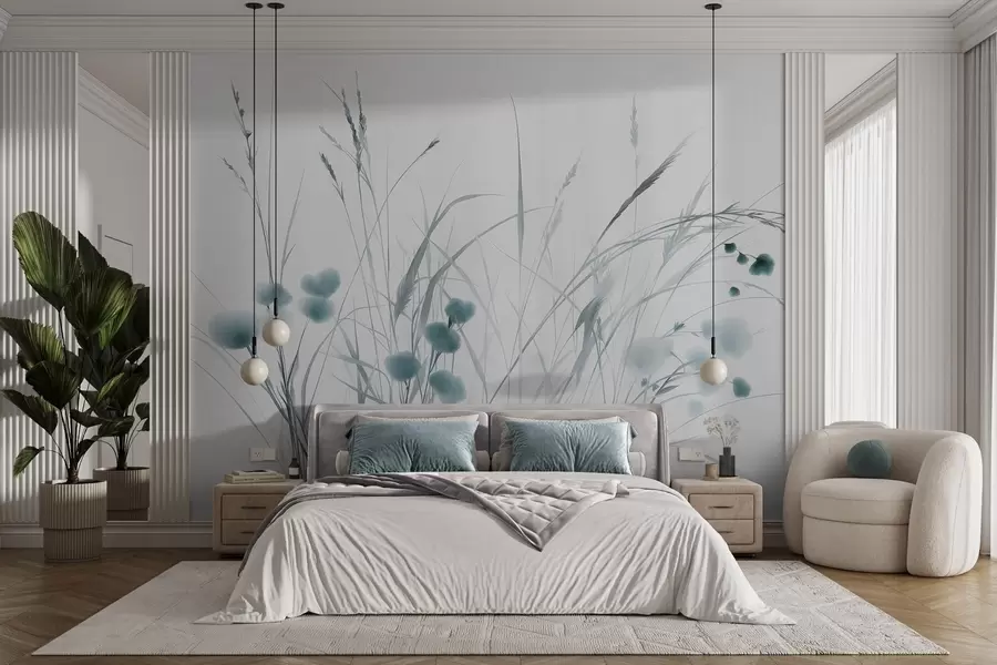 murais de parede Ervas altas e pequenas flores silvestres azuis num fundo claro, com textura ao estilo boho w09902v1