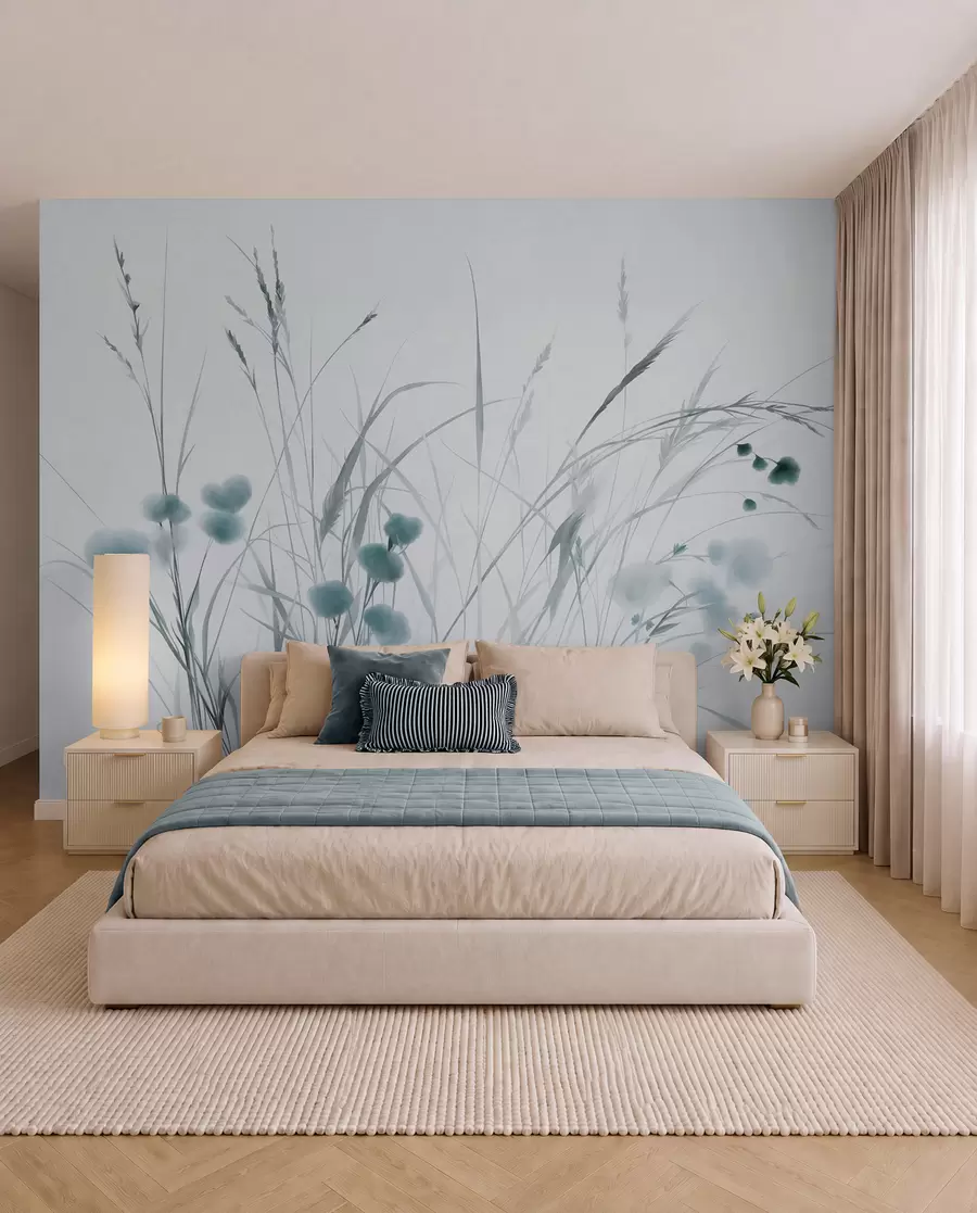 murais de parede Ervas altas e pequenas flores silvestres azuis num fundo claro, com textura ao estilo boho w09902v1