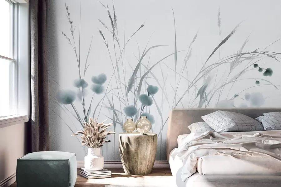 murais de parede Ervas altas e pequenas flores silvestres azuis num fundo claro, com textura ao estilo boho w09902v1