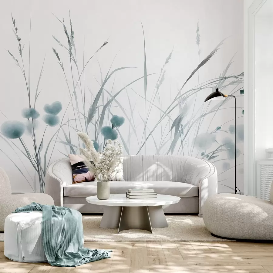 murais de parede Ervas altas e pequenas flores silvestres azuis num fundo claro, com textura ao estilo boho w09902v1