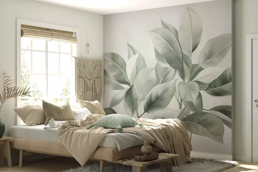 murais de parede Folhas verde-claras sobre um fundo pálido e suave, com textura ao estilo boho w09909