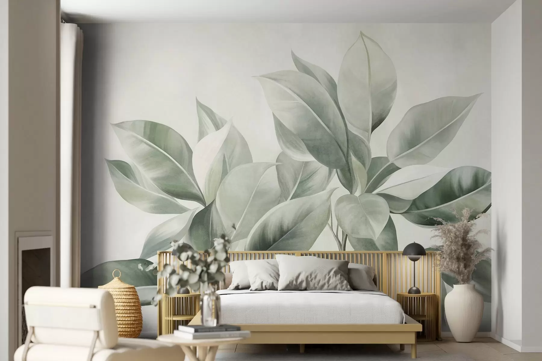 murais de parede Folhas verde-claras sobre um fundo pálido e suave, com textura ao estilo boho w09909