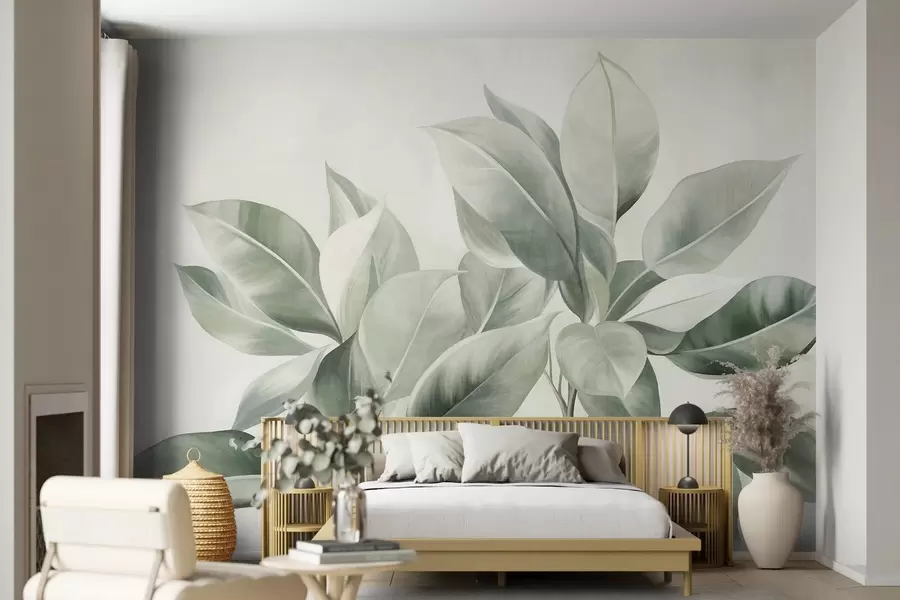 murais de parede Folhas verde-claras sobre um fundo pálido e suave, com textura ao estilo boho w09909