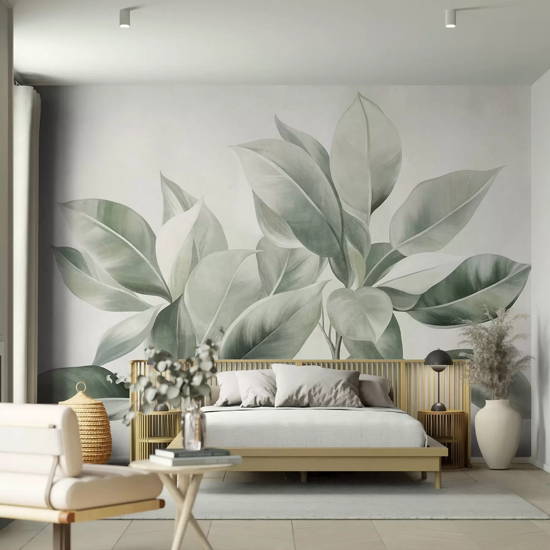 murais de parede Folhas verde-claras sobre um fundo pálido e suave, com textura ao estilo boho w09909
