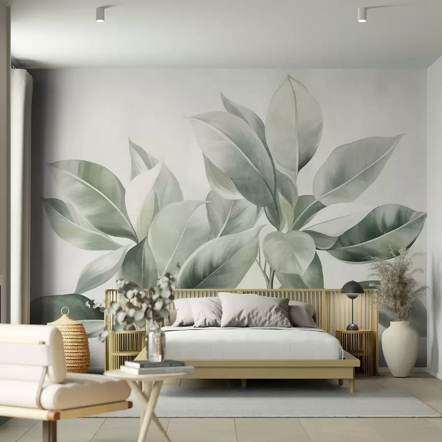 murais de parede Folhas verde-claras sobre um fundo pálido e suave, com textura ao estilo boho w09909