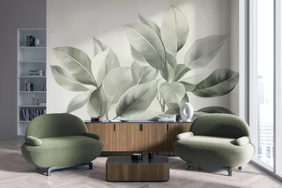murais de parede Folhas verde-claras sobre um fundo pálido e suave, com textura ao estilo boho w09909